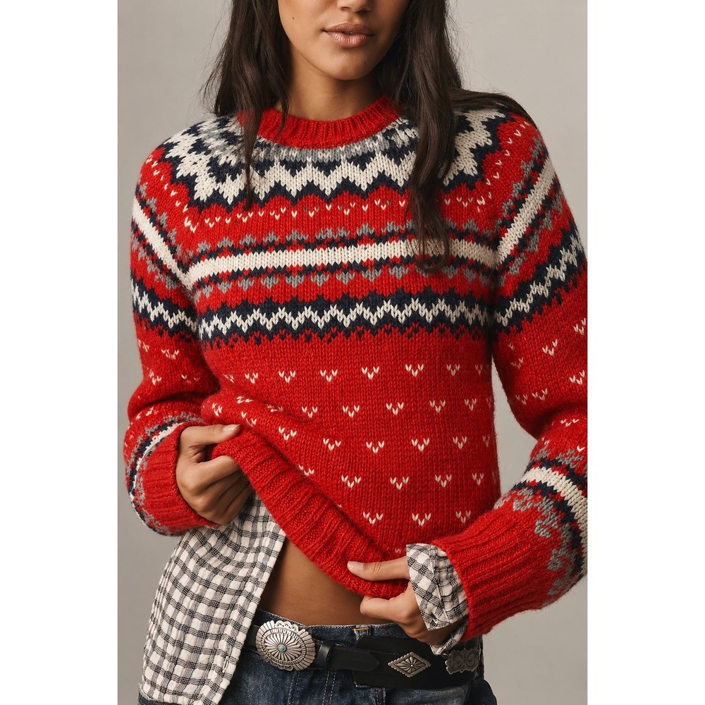 Vintage 80s 90s L.L.Bean Fair Isle 100% Wool Nordic Sweater Red Size M - Picture 3 of 7